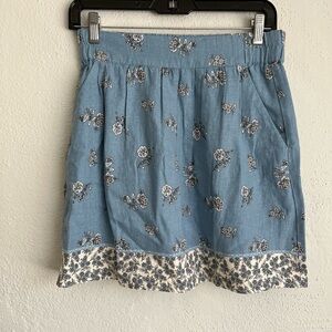 Loft Woman Blue Pockets Floral Linen Skirt, Size XXS/P